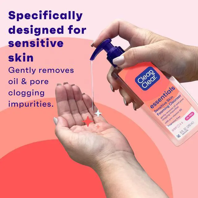 Alt view image 2 of 6 - Clear Essentials Oil-Free Foaming Facial Cleanser, Daily Foaming Face Wash with Pro-Vitamin B5 for Sensitive Skin, Gently Removes Oil & Pore-Clogging Impurities, Fragrance-Free, 8 fl oz