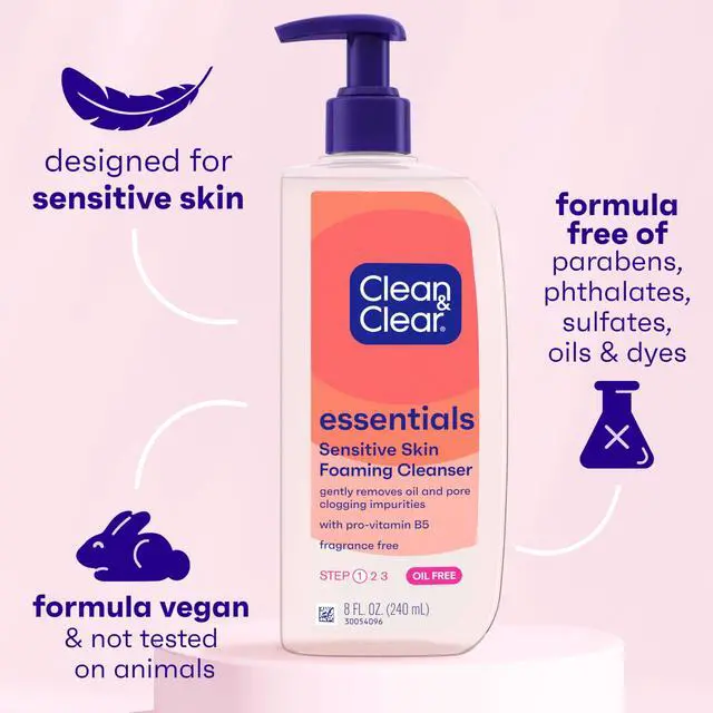 Alt view image 3 of 6 - Clear Essentials Oil-Free Foaming Facial Cleanser, Daily Foaming Face Wash with Pro-Vitamin B5 for Sensitive Skin, Gently Removes Oil & Pore-Clogging Impurities, Fragrance-Free, 8 fl oz