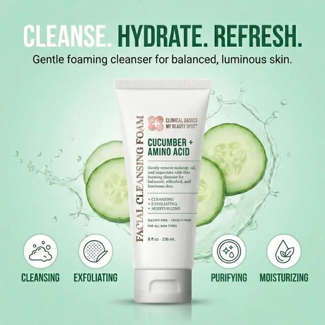 Alt view image 3 of 7 - Cucumber + Amino Acid Facial Cleansing Foam, Gentle Foaming Face Wash for Moisturizing & Refreshing Skin, 8 oz