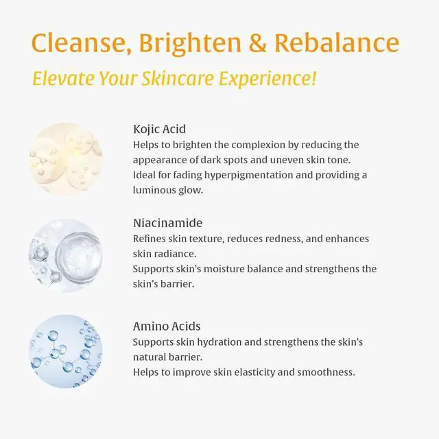 Alt view image 4 of 7 - Kojic Acid Amino Acids Foam Cleanser Gentle Cleansing, Face & Body Brightening, Kojic Acid Cleanser Exfoliating, Turmeric Cleansing for Dark Spots, Uneven Skin Tone, 100ml