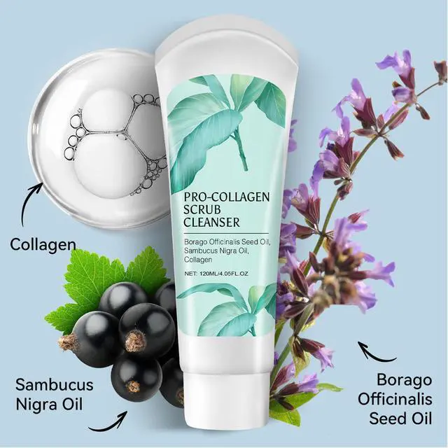 Alt view image 3 of 7 - Exfoliating Face Scrub,3 In 1 Collagen Scrub Cleanser With Borago Officinalis Seed Oil,Sambucus Nigra Oil,Facial Cleansing And Exfoliating,Moisturizing And Firming The Skin - 4.05 Fl Oz