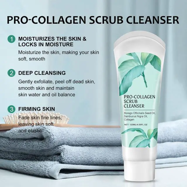 Alt view image 4 of 7 - Exfoliating Face Scrub,3 In 1 Collagen Scrub Cleanser With Borago Officinalis Seed Oil,Sambucus Nigra Oil,Facial Cleansing And Exfoliating,Moisturizing And Firming The Skin - 4.05 Fl Oz
