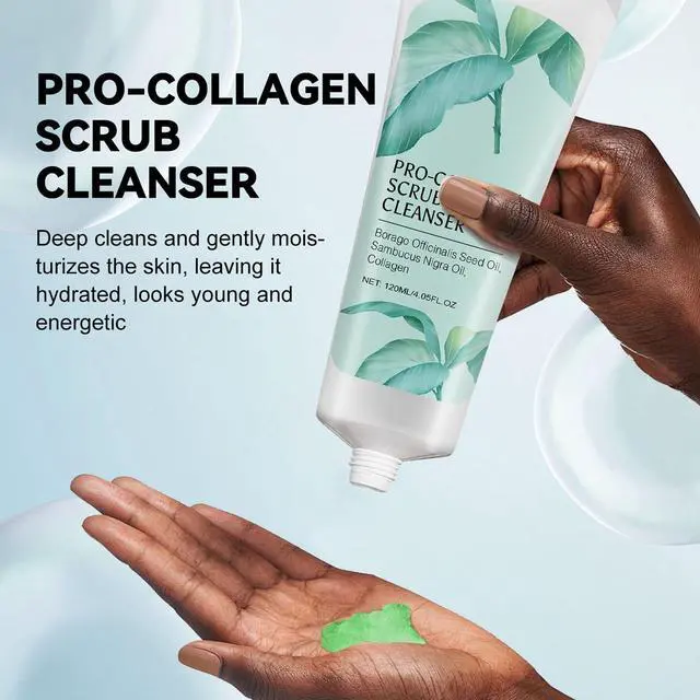 Alt view image 5 of 7 - Exfoliating Face Scrub,3 In 1 Collagen Scrub Cleanser With Borago Officinalis Seed Oil,Sambucus Nigra Oil,Facial Cleansing And Exfoliating,Moisturizing And Firming The Skin - 4.05 Fl Oz