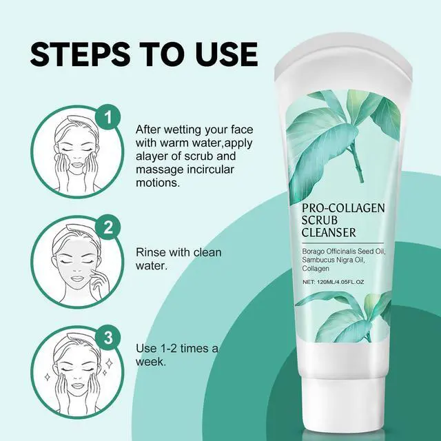 Alt view image 6 of 7 - Exfoliating Face Scrub,3 In 1 Collagen Scrub Cleanser With Borago Officinalis Seed Oil,Sambucus Nigra Oil,Facial Cleansing And Exfoliating,Moisturizing And Firming The Skin - 4.05 Fl Oz