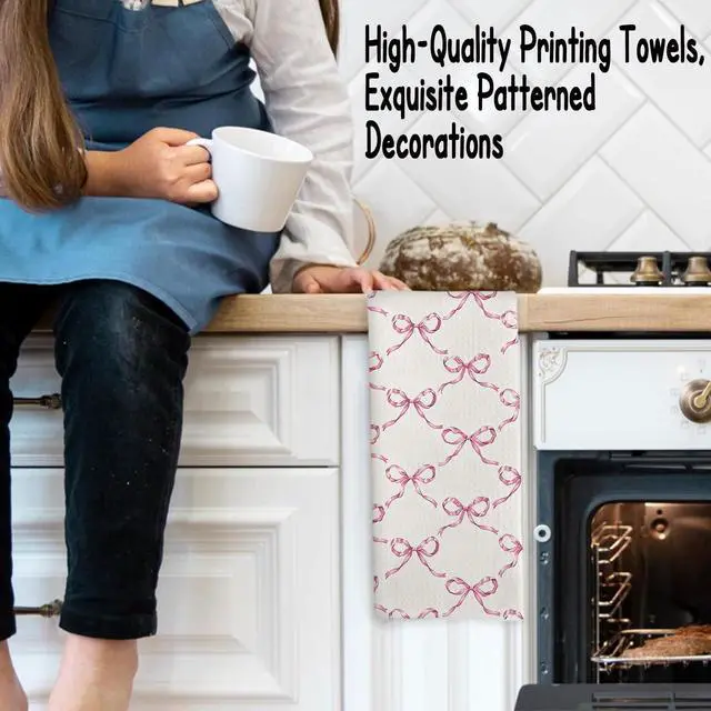 Alt view image 2 of 7 - Preppy Pink Kitchen Towels - 24x16 Inch Pink Decorative Hand Towels With Bows