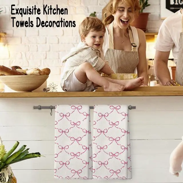 Alt view image 3 of 7 - Preppy Pink Kitchen Towels - 24x16 Inch Pink Decorative Hand Towels With Bows