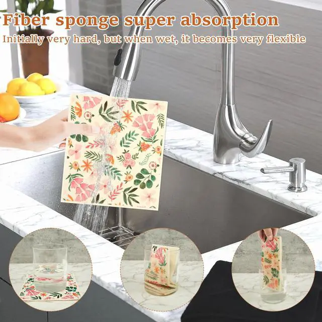 Alt view image 3 of 7 - 5Pcs Swedish Dishcloths for Kitchen, Quick-Drying Reusable Paper Towels, Absorbent Washable Kitchen Dish Rags, Soft Cellulose Sponge Cloths for Countertop Sink Flower Bird (5pcs Flowers)