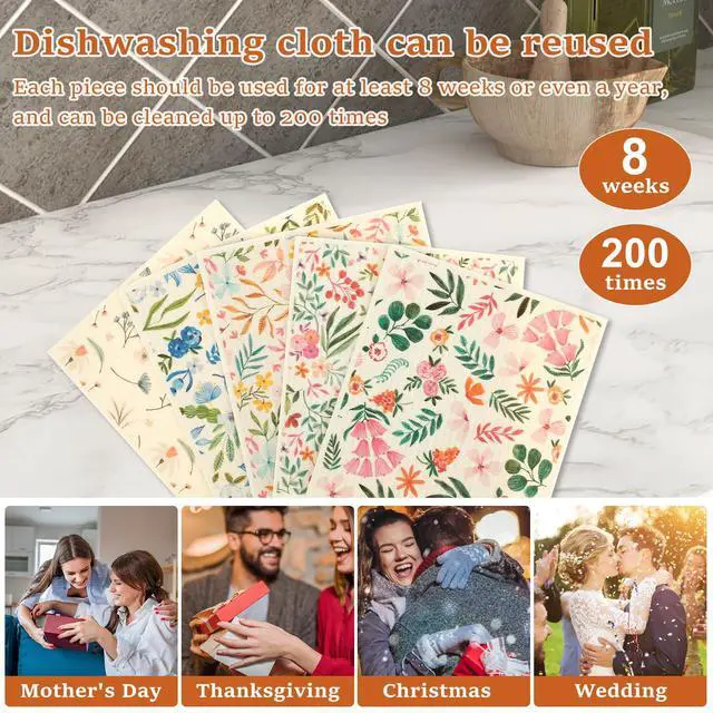 Alt view image 4 of 7 - 5Pcs Swedish Dishcloths for Kitchen, Quick-Drying Reusable Paper Towels, Absorbent Washable Kitchen Dish Rags, Soft Cellulose Sponge Cloths for Countertop Sink Flower Bird (5pcs Flowers)