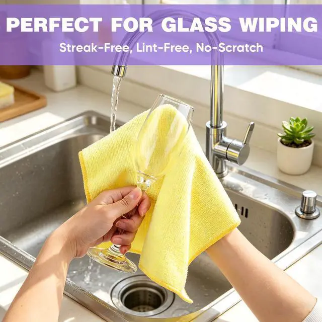 Alt view image 4 of 6 - 10 PCS Yellow Microfiber Cleaning Cloths, Highly Absorbent Microfiber Towels for Car, Kitchen, Bathroom and Household Cleaning, 11.8" X11.8