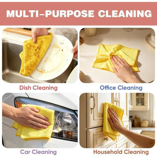Alt view image 5 of 6 - 10 PCS Yellow Microfiber Cleaning Cloths, Highly Absorbent Microfiber Towels for Car, Kitchen, Bathroom and Household Cleaning, 11.8" X11.8