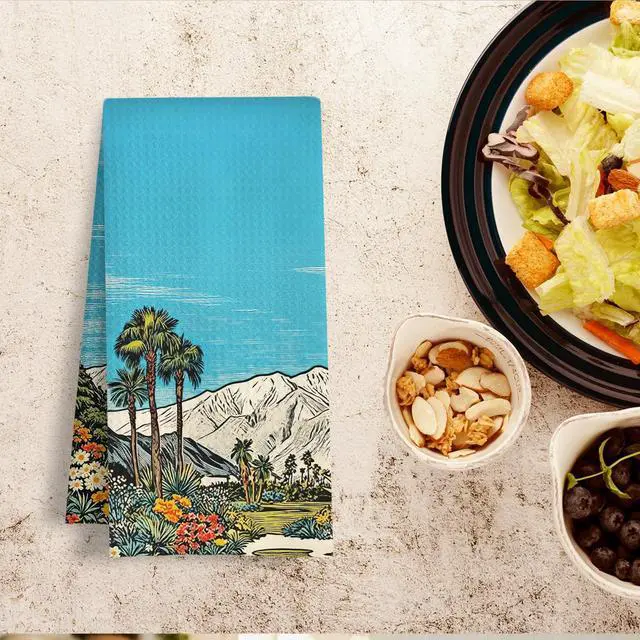 Alt view image 4 of 6 - Blue Sky Western Landscape Kitchen Towels, Vintage Tropical Palm Tree Floral Dish Tea Towels, Southwestern Desert Mountain Decorative Hand Towel for Kitchen Bathroom, 16x24 Inch