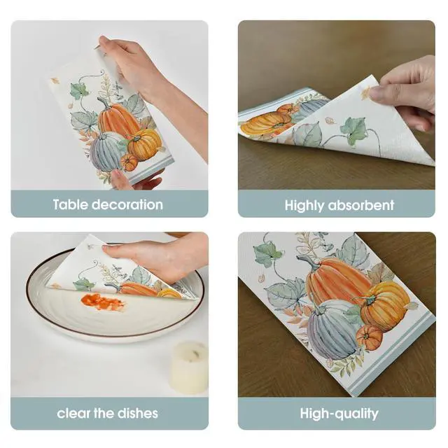 Alt view image 6 of 7 - 20 Fall Disposable Paper Decorative Guest Napkins, Thanksgiving Watercolor Pumpkin Hand Towel for Party Lunch Dinner Kitchen Bathroom
