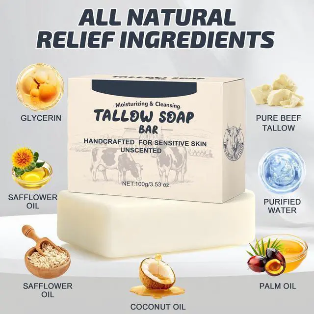 Alt view image 3 of 7 - Beef Tallow Soap Bar, All Natural and Organic Grass Fed Tallow Soap, Moisturizing Face & Body Wash for Dry, Itchy, Sensitive Skin, Deep Cleansing Handmade Bath Soap for Adults, Kids - 1 Pack