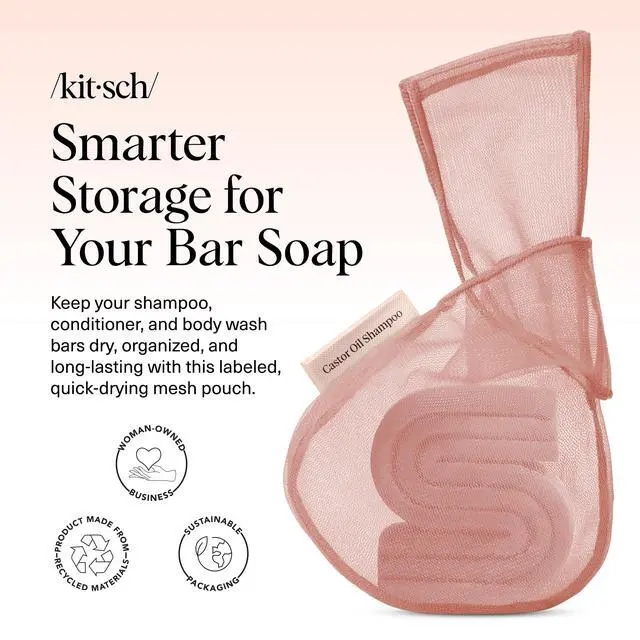 Alt view image 2 of 7 - Bar Soap Saver Pouch Extends Use & Prevents Soggy Mess - Recycled Beauty Bar Bag and Eco-Friendly Pouch for Bars with Tag Identifier - Patented Mesh Soap Bag for Castor Oil Shampoo Bar