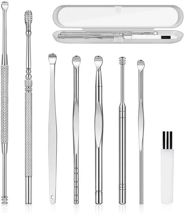 Main image of 8Pcs Ear Pick Ear Wax Removal Kit, Earwax Removal Tool, Ear Cleansing Set, Ear Curette Ear Wax Remover Tools with a Cleaning Brush and Storage Box, Medical Grade, for Ear Adult and Kid, Silver