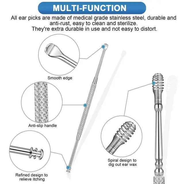 Alt view image 2 of 7 - 8Pcs Ear Pick Ear Wax Removal Kit, Earwax Removal Tool, Ear Cleansing Set, Ear Curette Ear Wax Remover Tools with a Cleaning Brush and Storage Box, Medical Grade, for Ear Adult and Kid, Silver