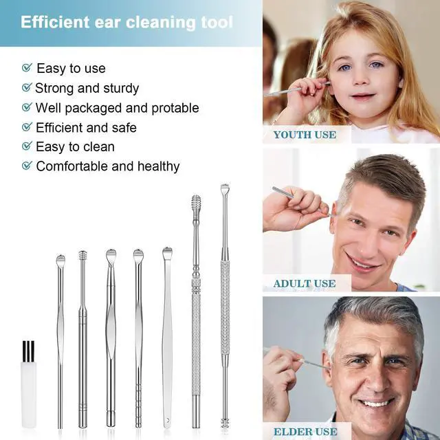 Alt view image 4 of 7 - 8Pcs Ear Pick Ear Wax Removal Kit, Earwax Removal Tool, Ear Cleansing Set, Ear Curette Ear Wax Remover Tools with a Cleaning Brush and Storage Box, Medical Grade, for Ear Adult and Kid, Silver