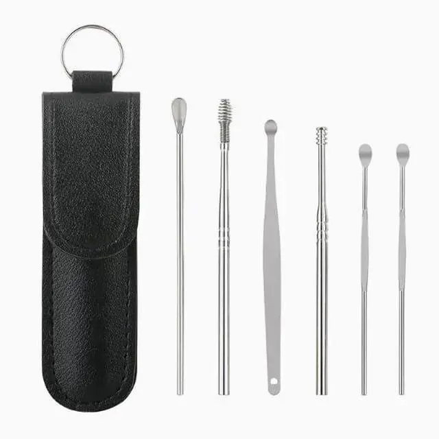 Main image of Stainless Steel Ear Wax Removal Kit, 6-Piece Ear Picking Spoon Set with Portable Keychain Leather Case, for Adults