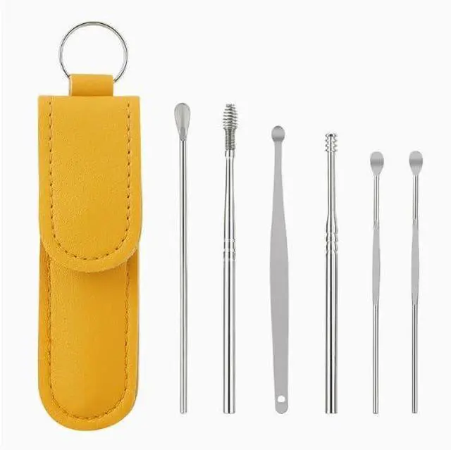 Main image of Ear Wax Removal Tool Kit, 6 Piece Stainless Steel Earwax Remover Set with Spoon and Curette, Ear Cleaning Tools with Yellow Carrying Case