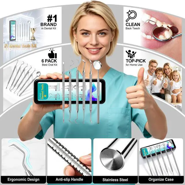 Alt view image 2 of 7 - Dental Tools, Dental Pick for Teeth Cleaning, Stainless Steel Hygiene Kit with Tooth Scraper Plaque Tartar Remover - with Case