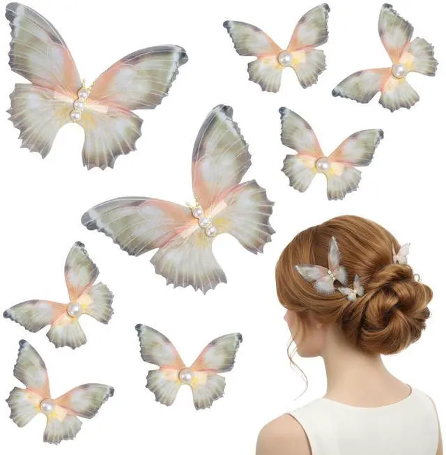 Main image of 8Pcs Butterfly Hair Clips for Women, (2 Large+6 Small Set) 3D Moving Wings with White Pearl Fairy Accessories Cute Butterfly Hair Pins - Olive Green
