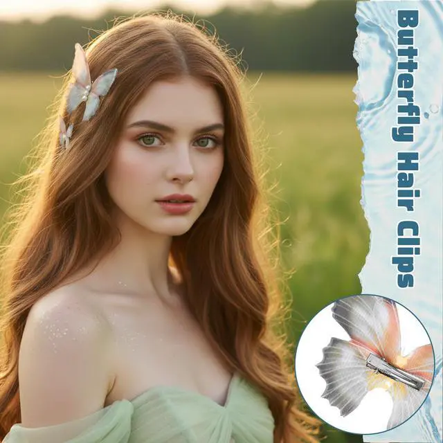 Alt view image 5 of 7 - 8Pcs Butterfly Hair Clips for Women, (2 Large+6 Small Set) 3D Moving Wings with White Pearl Fairy Accessories Cute Butterfly Hair Pins - Olive Green