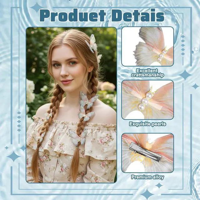 Alt view image 3 of 7 - 8Pcs Butterfly Hair Clips for Women, (2 Large+6 Small Set) 3D Moving Wings with White Pearl Fairy Accessories Cute Butterfly Hair Pins - Olive Green