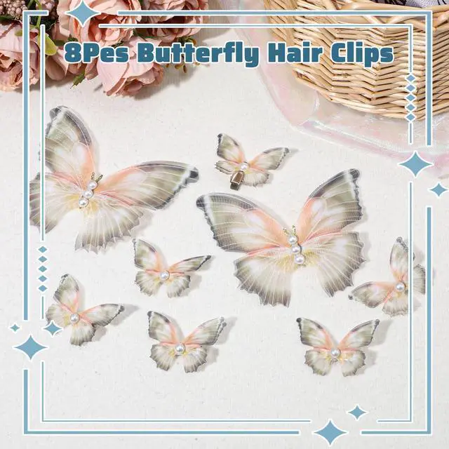Alt view image 4 of 7 - 8Pcs Butterfly Hair Clips for Women, (2 Large+6 Small Set) 3D Moving Wings with White Pearl Fairy Accessories Cute Butterfly Hair Pins - Olive Green