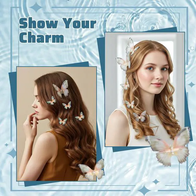 Alt view image 7 of 7 - 8Pcs Butterfly Hair Clips for Women, (2 Large+6 Small Set) 3D Moving Wings with White Pearl Fairy Accessories Cute Butterfly Hair Pins - Olive Green