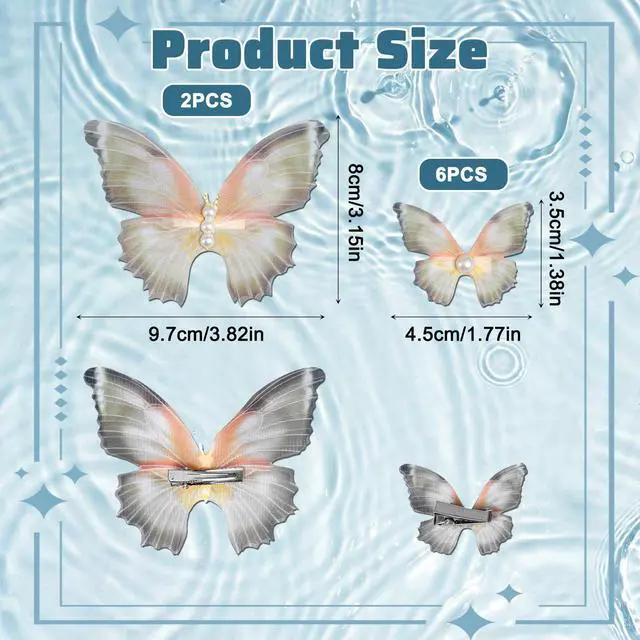 Alt view image 2 of 7 - 8Pcs Butterfly Hair Clips for Women, (2 Large+6 Small Set) 3D Moving Wings with White Pearl Fairy Accessories Cute Butterfly Hair Pins - Olive Green