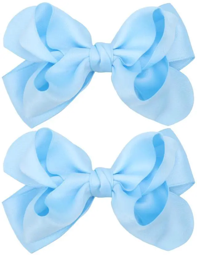 Main image of Large Big 5.5 Inch Hair Bow Clips Thick Ribbon - Cute Lined Boutique Alligator Hairpin for Girls, Toddlers, and Little Teens - Kids Barrettes Set of 2 Stylish (Blue)
