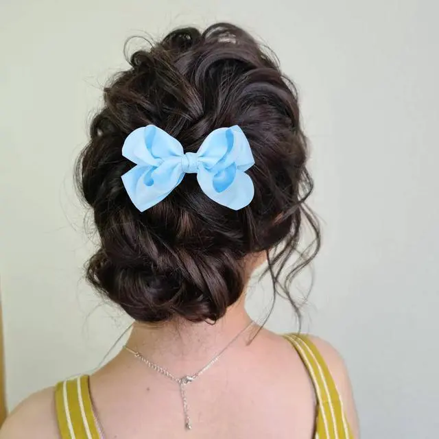 Alt view image 3 of 7 - Large Big 5.5 Inch Hair Bow Clips Thick Ribbon - Cute Lined Boutique Alligator Hairpin for Girls, Toddlers, and Little Teens - Kids Barrettes Set of 2 Stylish (Blue)