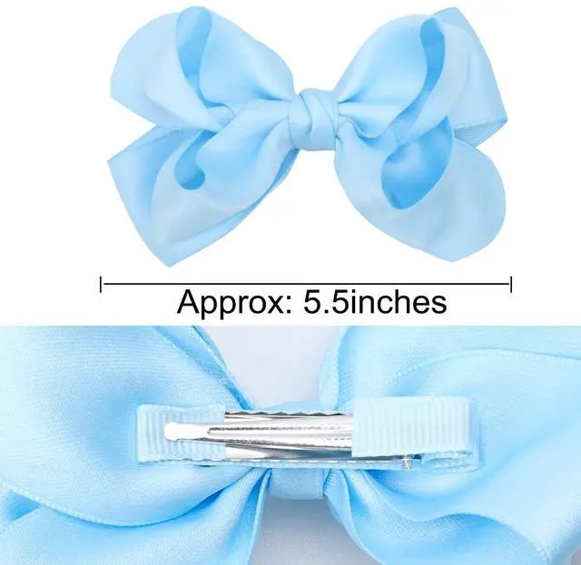 Alt view image 4 of 7 - Large Big 5.5 Inch Hair Bow Clips Thick Ribbon - Cute Lined Boutique Alligator Hairpin for Girls, Toddlers, and Little Teens - Kids Barrettes Set of 2 Stylish (Blue)