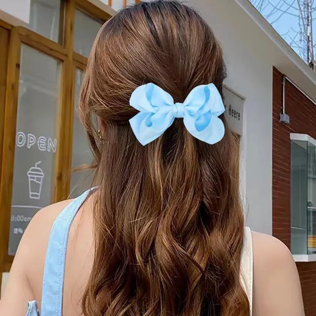 Alt view image 2 of 7 - Large Big 5.5 Inch Hair Bow Clips Thick Ribbon - Cute Lined Boutique Alligator Hairpin for Girls, Toddlers, and Little Teens - Kids Barrettes Set of 2 Stylish (Blue)