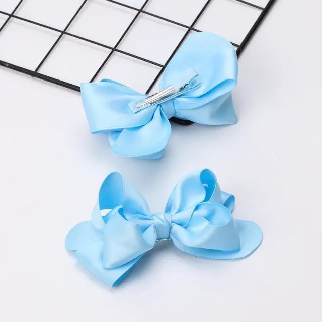 Alt view image 5 of 7 - Large Big 5.5 Inch Hair Bow Clips Thick Ribbon - Cute Lined Boutique Alligator Hairpin for Girls, Toddlers, and Little Teens - Kids Barrettes Set of 2 Stylish (Blue)