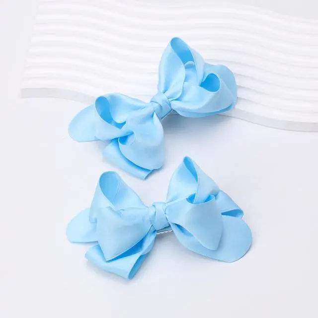 Alt view image 6 of 7 - Large Big 5.5 Inch Hair Bow Clips Thick Ribbon - Cute Lined Boutique Alligator Hairpin for Girls, Toddlers, and Little Teens - Kids Barrettes Set of 2 Stylish (Blue)