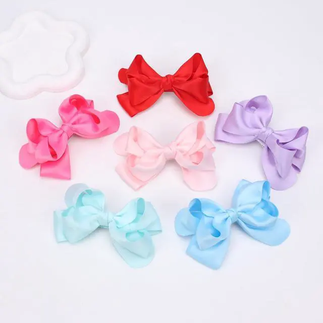 Alt view image 7 of 7 - Large Big 5.5 Inch Hair Bow Clips Thick Ribbon - Cute Lined Boutique Alligator Hairpin for Girls, Toddlers, and Little Teens - Kids Barrettes Set of 2 Stylish (Blue)