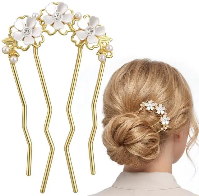 Main image of Pearl Flower Hair Pins, U Shaped Floral French Twist Hair Pins for Buns Metal Gold Hair Fork for Women Girls Brides Decorative Floral Bun Clip Hair Styling Accessories for Wedding Party Holiday Daily