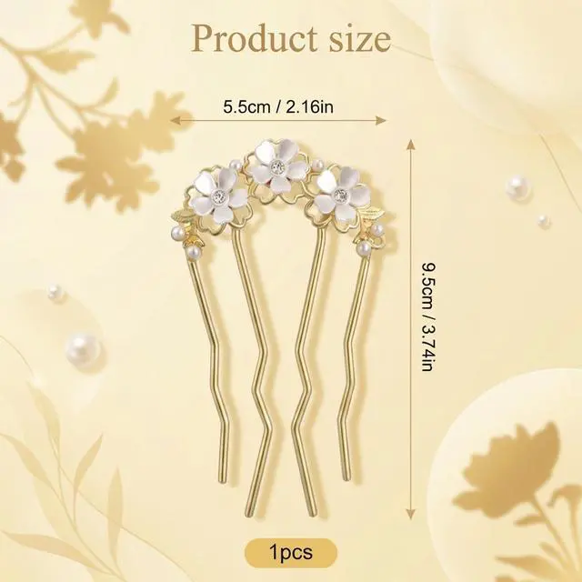 Alt view image 2 of 7 - Pearl Flower Hair Pins, U Shaped Floral French Twist Hair Pins for Buns Metal Gold Hair Fork for Women Girls Brides Decorative Floral Bun Clip Hair Styling Accessories for Wedding Party Holiday Daily