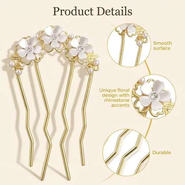 Alt view image 3 of 7 - Pearl Flower Hair Pins, U Shaped Floral French Twist Hair Pins for Buns Metal Gold Hair Fork for Women Girls Brides Decorative Floral Bun Clip Hair Styling Accessories for Wedding Party Holiday Daily