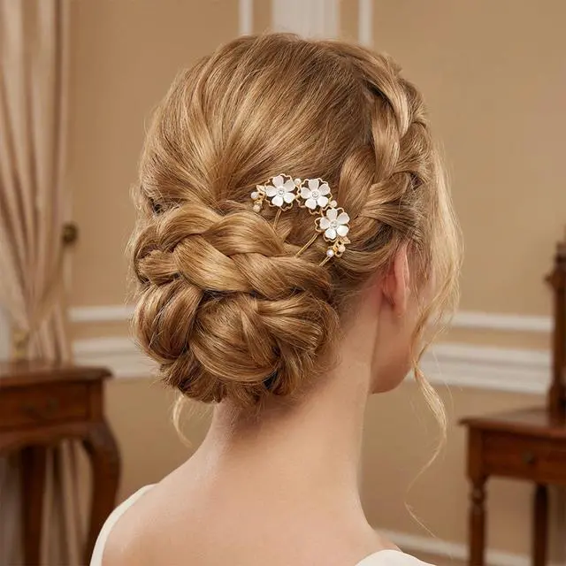 Alt view image 4 of 7 - Pearl Flower Hair Pins, U Shaped Floral French Twist Hair Pins for Buns Metal Gold Hair Fork for Women Girls Brides Decorative Floral Bun Clip Hair Styling Accessories for Wedding Party Holiday Daily