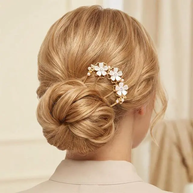 Alt view image 5 of 7 - Pearl Flower Hair Pins, U Shaped Floral French Twist Hair Pins for Buns Metal Gold Hair Fork for Women Girls Brides Decorative Floral Bun Clip Hair Styling Accessories for Wedding Party Holiday Daily