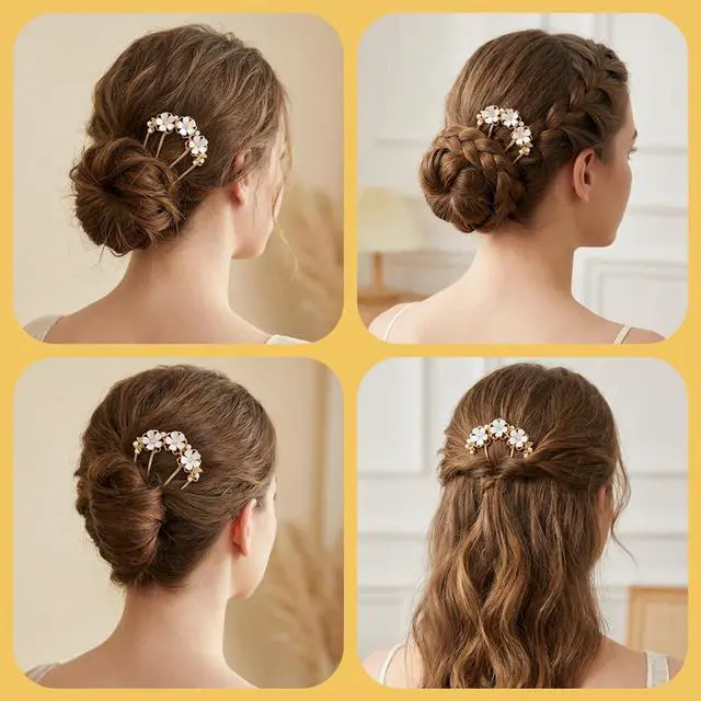 Alt view image 6 of 7 - Pearl Flower Hair Pins, U Shaped Floral French Twist Hair Pins for Buns Metal Gold Hair Fork for Women Girls Brides Decorative Floral Bun Clip Hair Styling Accessories for Wedding Party Holiday Daily