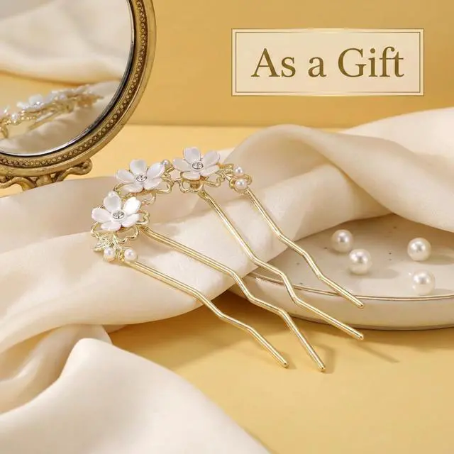 Alt view image 7 of 7 - Pearl Flower Hair Pins, U Shaped Floral French Twist Hair Pins for Buns Metal Gold Hair Fork for Women Girls Brides Decorative Floral Bun Clip Hair Styling Accessories for Wedding Party Holiday Daily