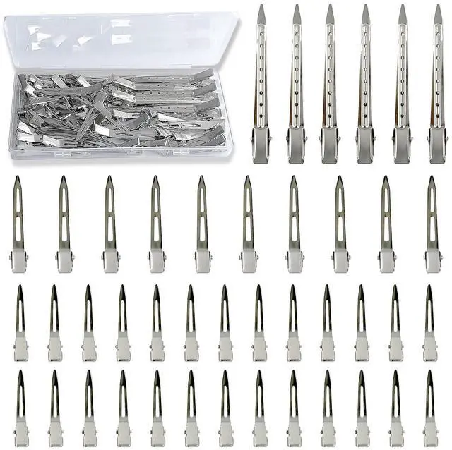 Main image of 42Pcs Styling Hair Clips Set: Silver Metal Duck Billed Clips for Women's Hairstyling, Long Duckbill Pins, Alligator Rollers with Case