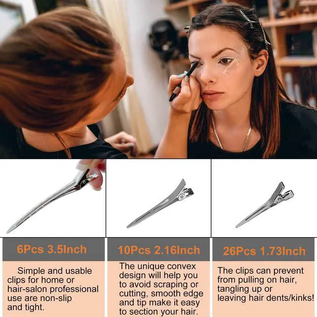 Alt view image 4 of 7 - 42Pcs Styling Hair Clips Set: Silver Metal Duck Billed Clips for Women's Hairstyling, Long Duckbill Pins, Alligator Rollers with Case