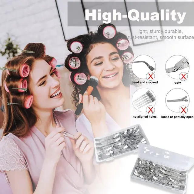 Alt view image 5 of 7 - 42Pcs Styling Hair Clips Set: Silver Metal Duck Billed Clips for Women's Hairstyling, Long Duckbill Pins, Alligator Rollers with Case