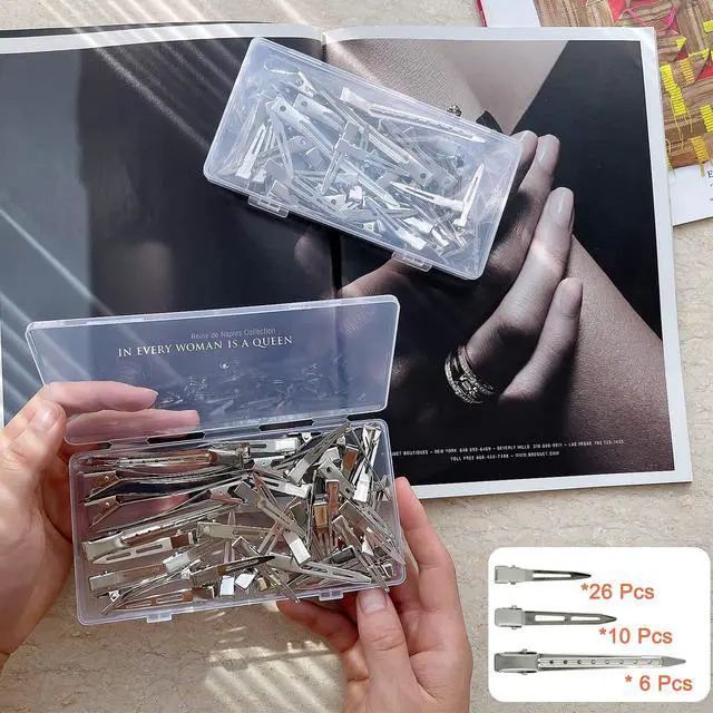 Alt view image 7 of 7 - 42Pcs Styling Hair Clips Set: Silver Metal Duck Billed Clips for Women's Hairstyling, Long Duckbill Pins, Alligator Rollers with Case