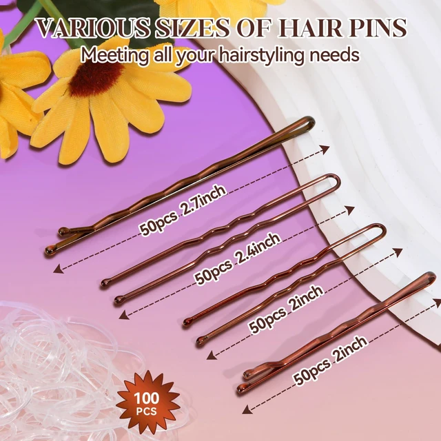 Alt view image 2 of 7 - 300 Pcs Bobby Pins Hair Pins Kit with Storage Box, 100 Brown Non - Slip Bobby Pins, 100 Invisible Hair Pins for Women and 100 Clear Hair Elastics, Lock in the Style for All Hair Types & Ages