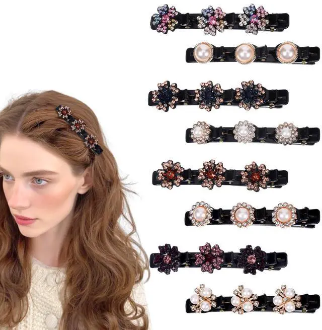Main image of 8 Pcs Sparkling Crystal Stone Braided Hair Clips for Women, Pearl Hairpin with 3 Small Duckbill Hair Clips, Hair Accessories for Thin & Thick Hair(Floral & Pearl Set)